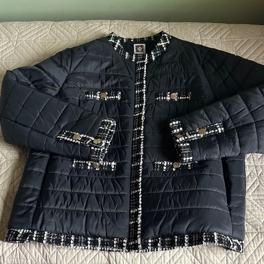Anne Klein Black Quilted Puffer Jacket with White Accents